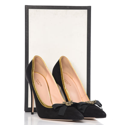 Gucci Suede Calfskin Embroidered Bee Bow Pumps 38 Black 13 of 13