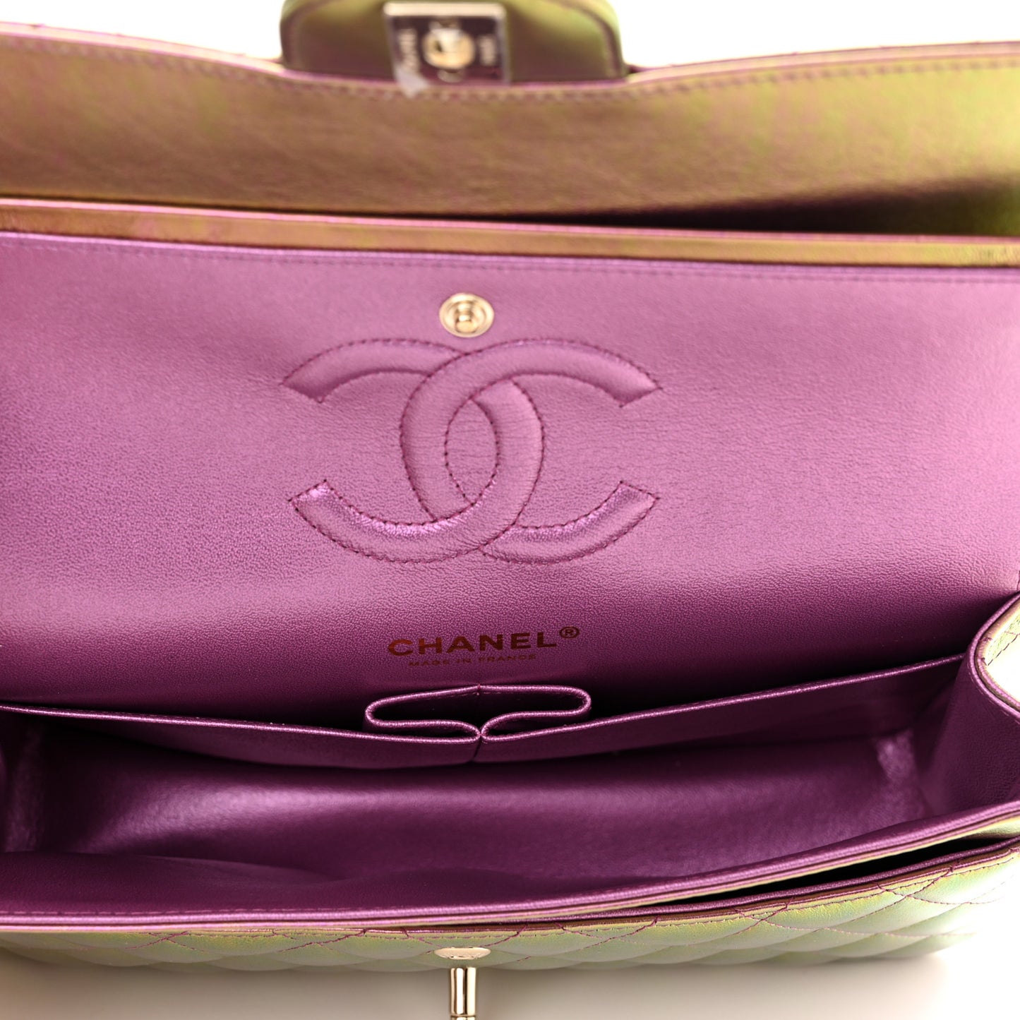 Iridescent Lambskin Quilted Medium Double Flap Purple