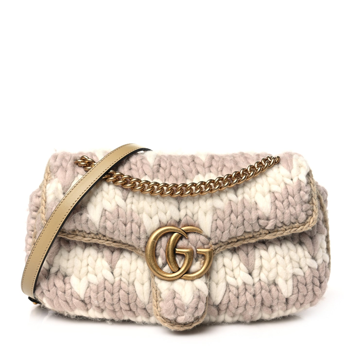 Wool Houndstooth Woven Small GG Marmont Shoulder Bag Beige White Sand