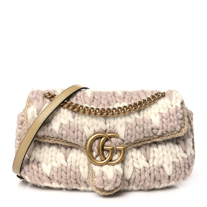 Gucci Wool Houndstooth Woven Small GG Marmont Shoulder Bag Beige White Sand 1 of 10