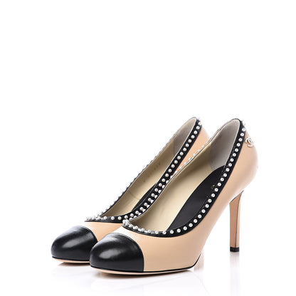 Chanel Lambskin Pearl Cap Toe Pumps 40 Beige Black 2 of 12
