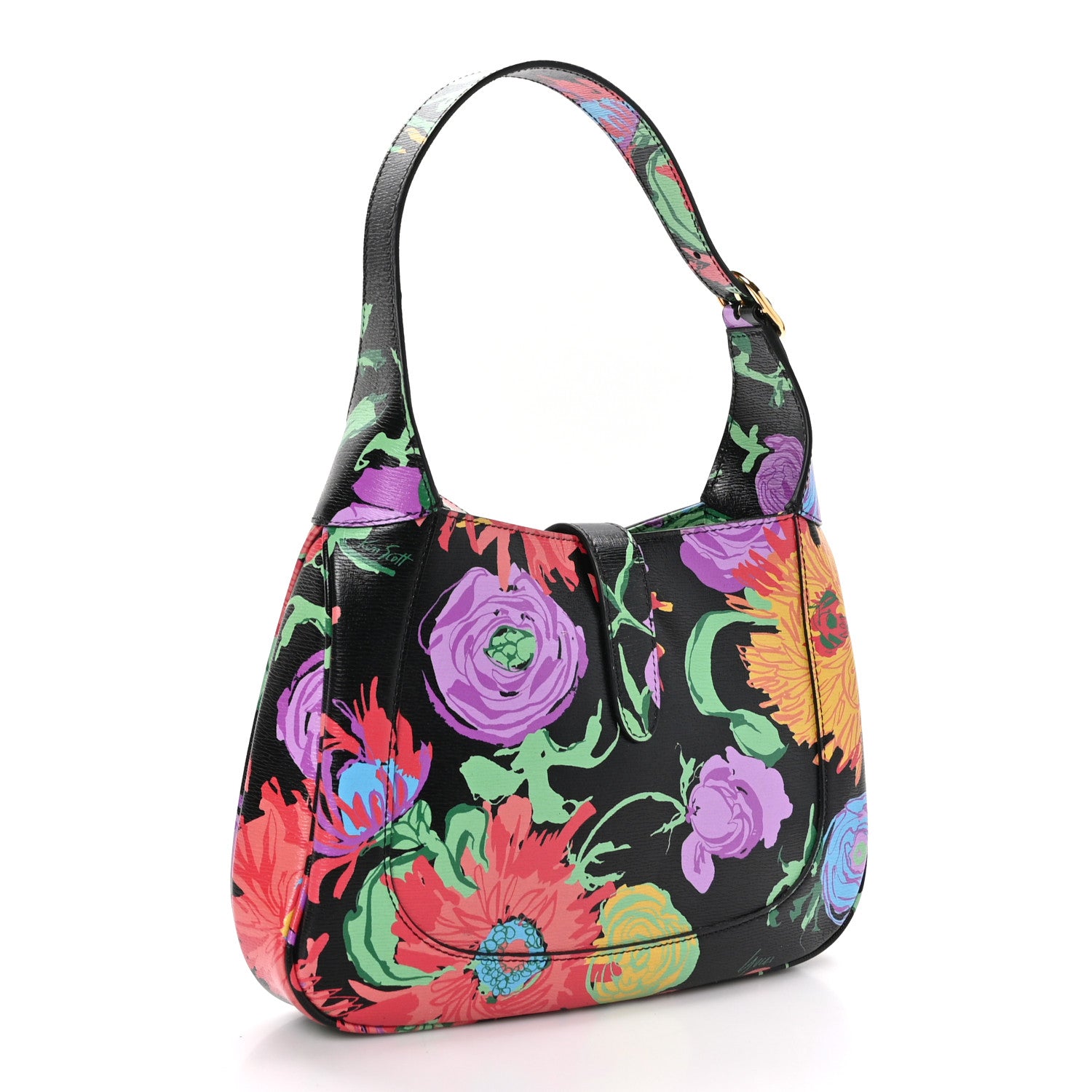Gucci X KEN SCOTT New Shangai Calfskin Jenny Floral Print Small Jackie 1961 Hobo Black Pink 3 of 10