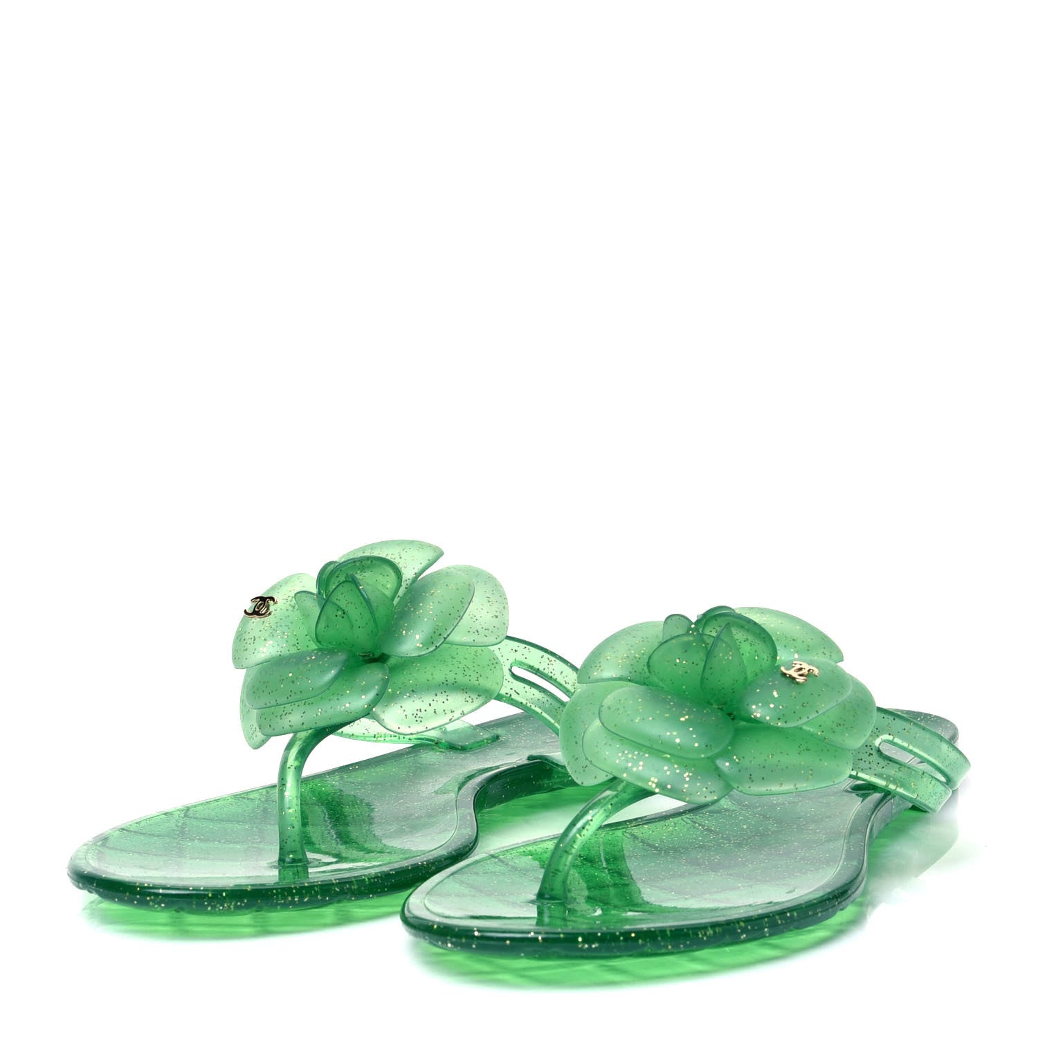 Chanel Jelly Camellia Glitter Thong Sandals 36 Green 3 of 9