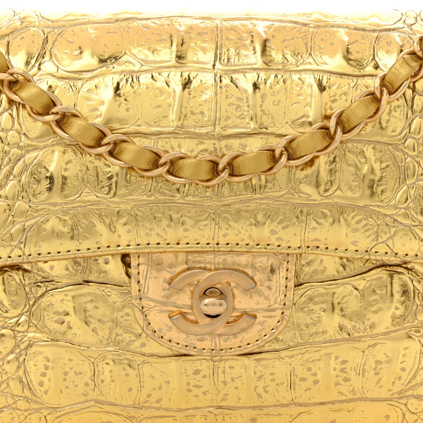 Metallic Calfskin Crocodile Embossed Cocodile Small Double Flap  Gold