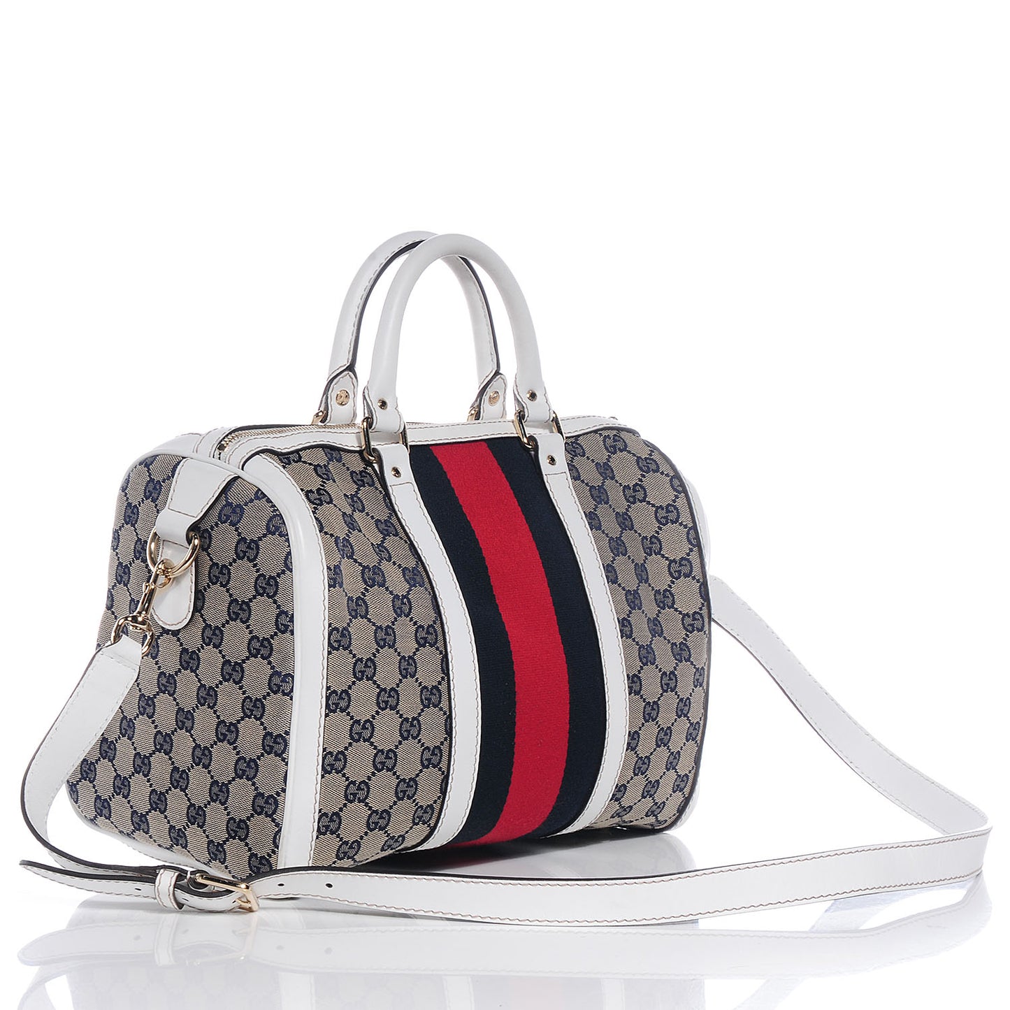 Monogram Selleria Calfskin Vintage Web Medium Boston Beige Blue Mystic White