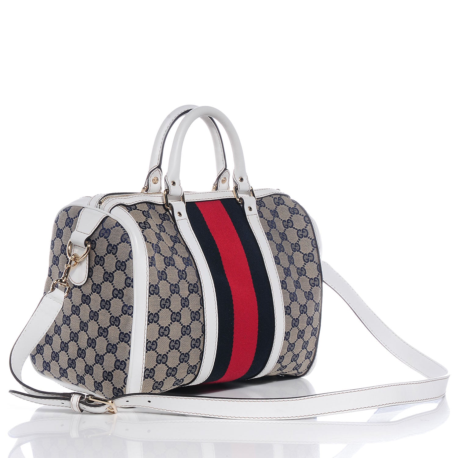 Gucci Monogram Selleria Calfskin Vintage Web Medium Boston Beige Blue Mystic White 3 of 8