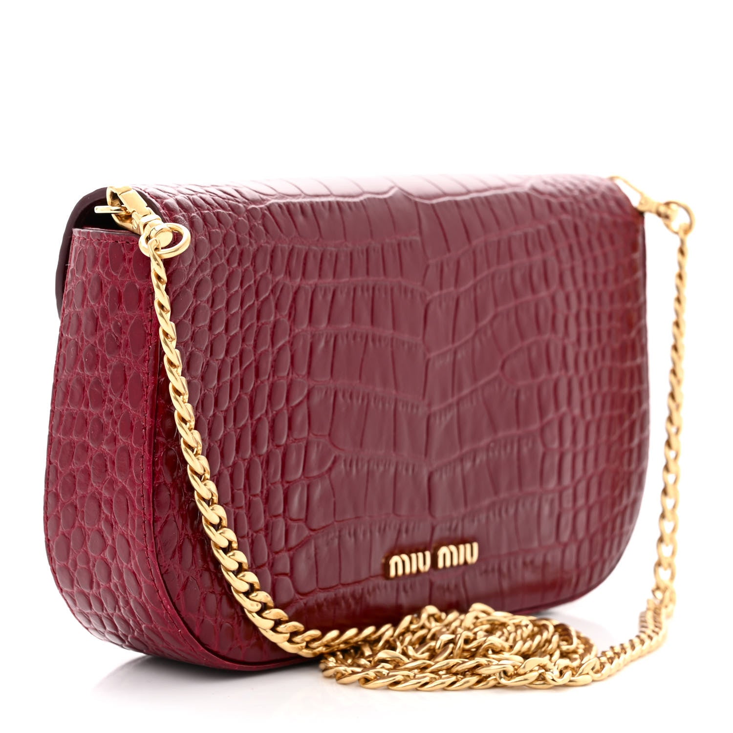 Miu Miu Calfskin Crystal Crocodile Embossed Saint Cocco Wallet On Chain Rubino 3 of 10