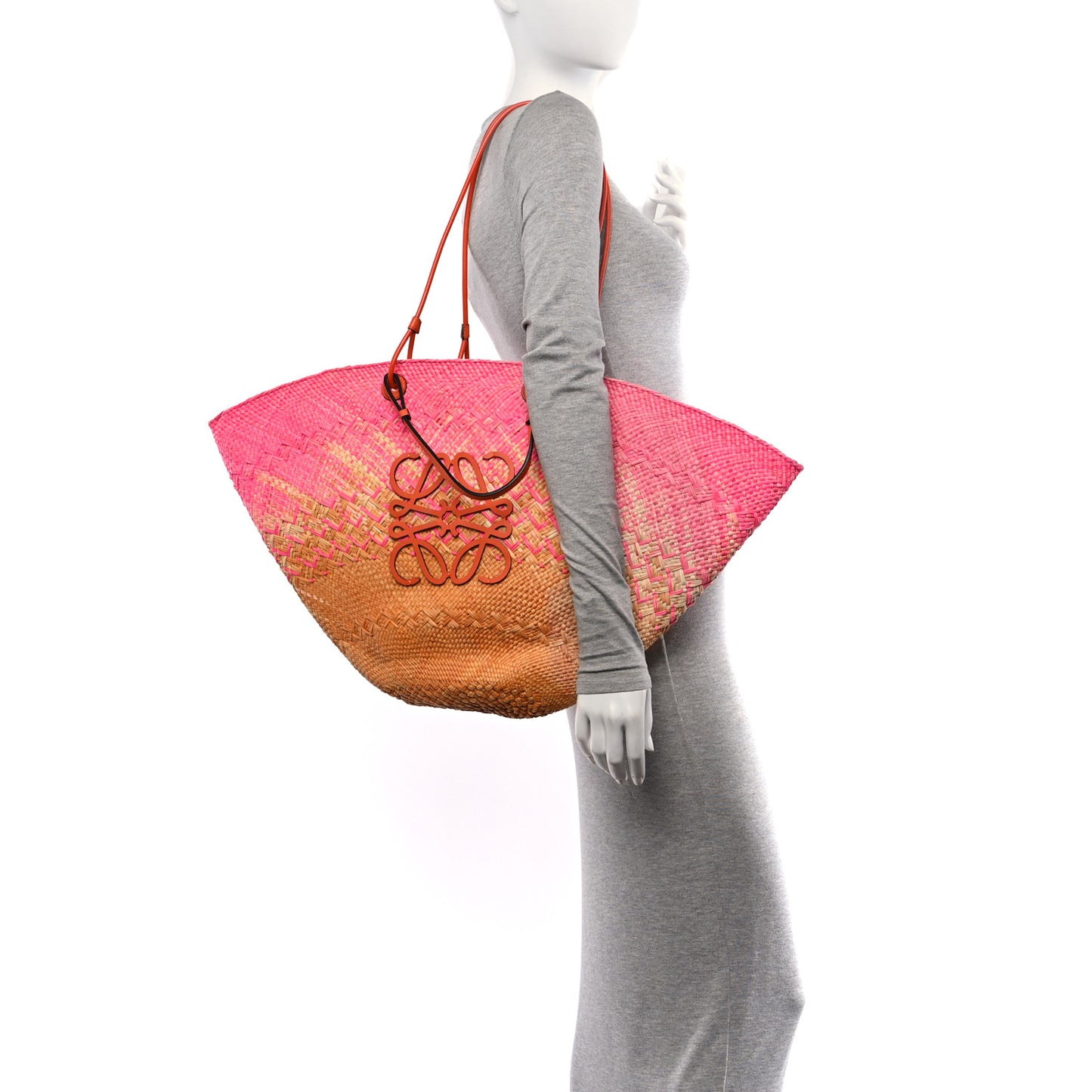 Iraca Palm Calfskin Anagram Basket Bag Fuchsia