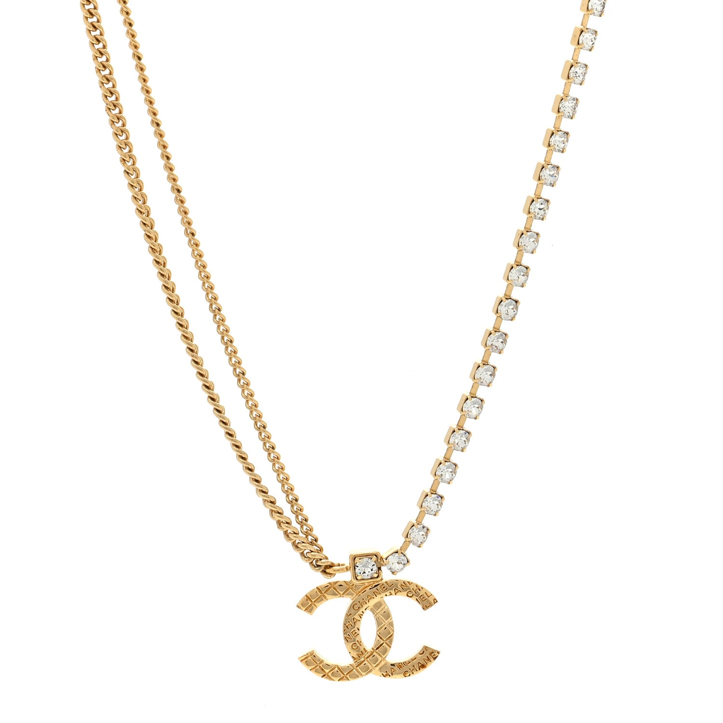 Metal Crystal Quilted CC Pendant Necklace Gold