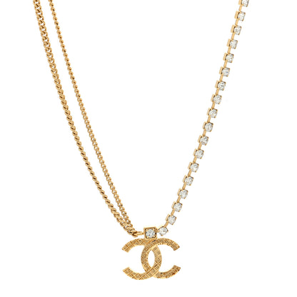 Chanel Metal Crystal Quilted CC Pendant Necklace Gold 1 of 4