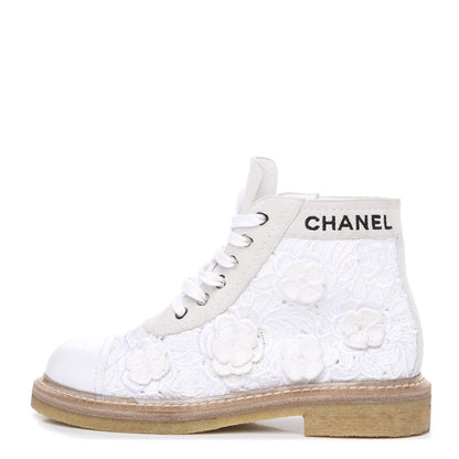 Chanel Embroidered Flower Calfskin Lace Up Boots 36 White 1 of 8