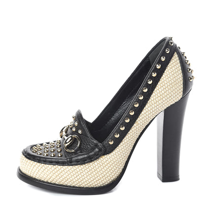 Gucci Calfskin Canvas Studded Horsebit Alyssa Pumps 35.5 Black Ivory 1 of 7