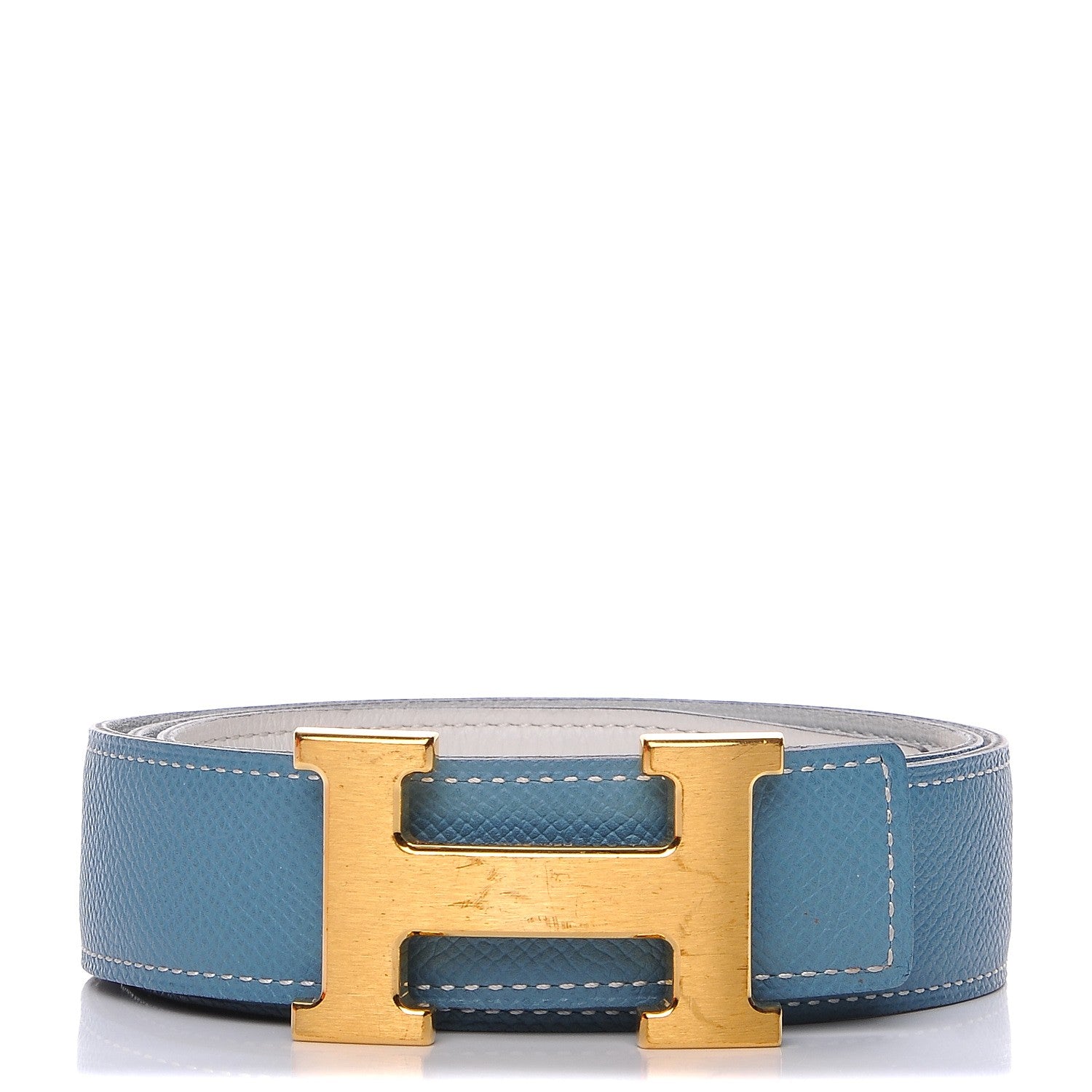 Hermes Epsom Swift 32mm H Belt 80 Blue Jean White 1 of 9