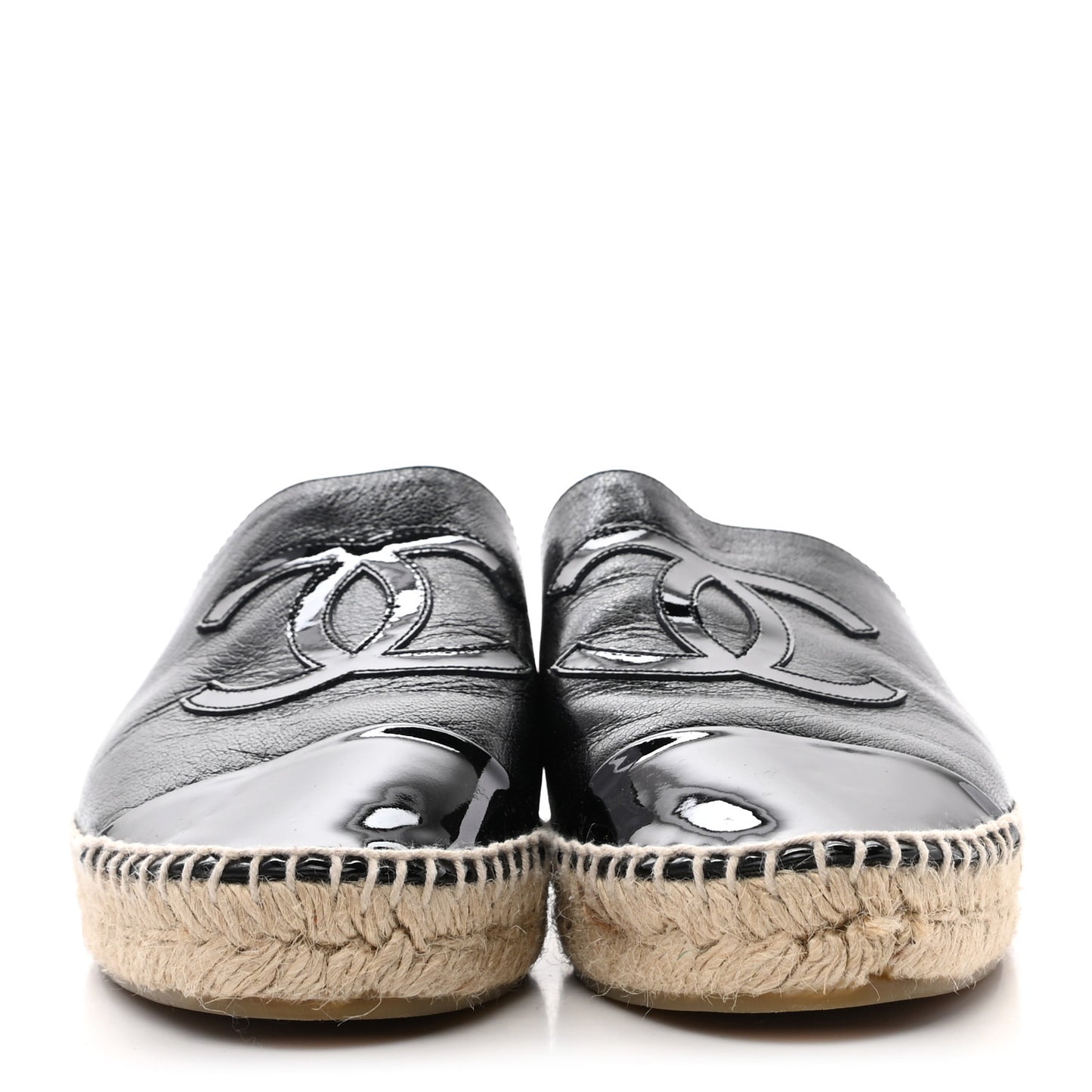 Iridescent Goatskin Patent CC Espadrille Mules 38 Black