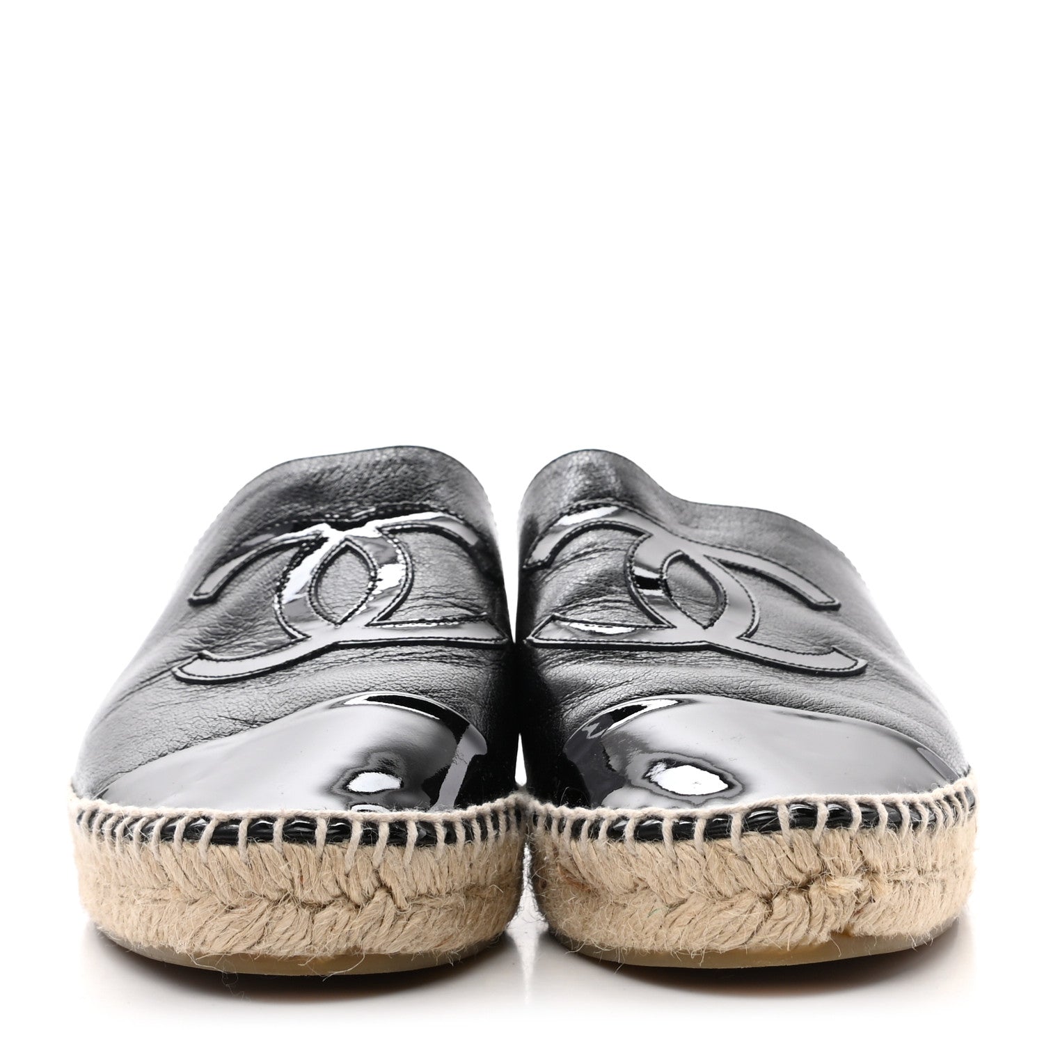 Chanel Iridescent Goatskin Patent CC Espadrille Mules 38 Black 2 of 9
