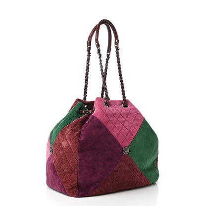 Chanel Suede Quilted Patchwork Drawstring Bag Green Pink Purple Burgundy 3 of 11
