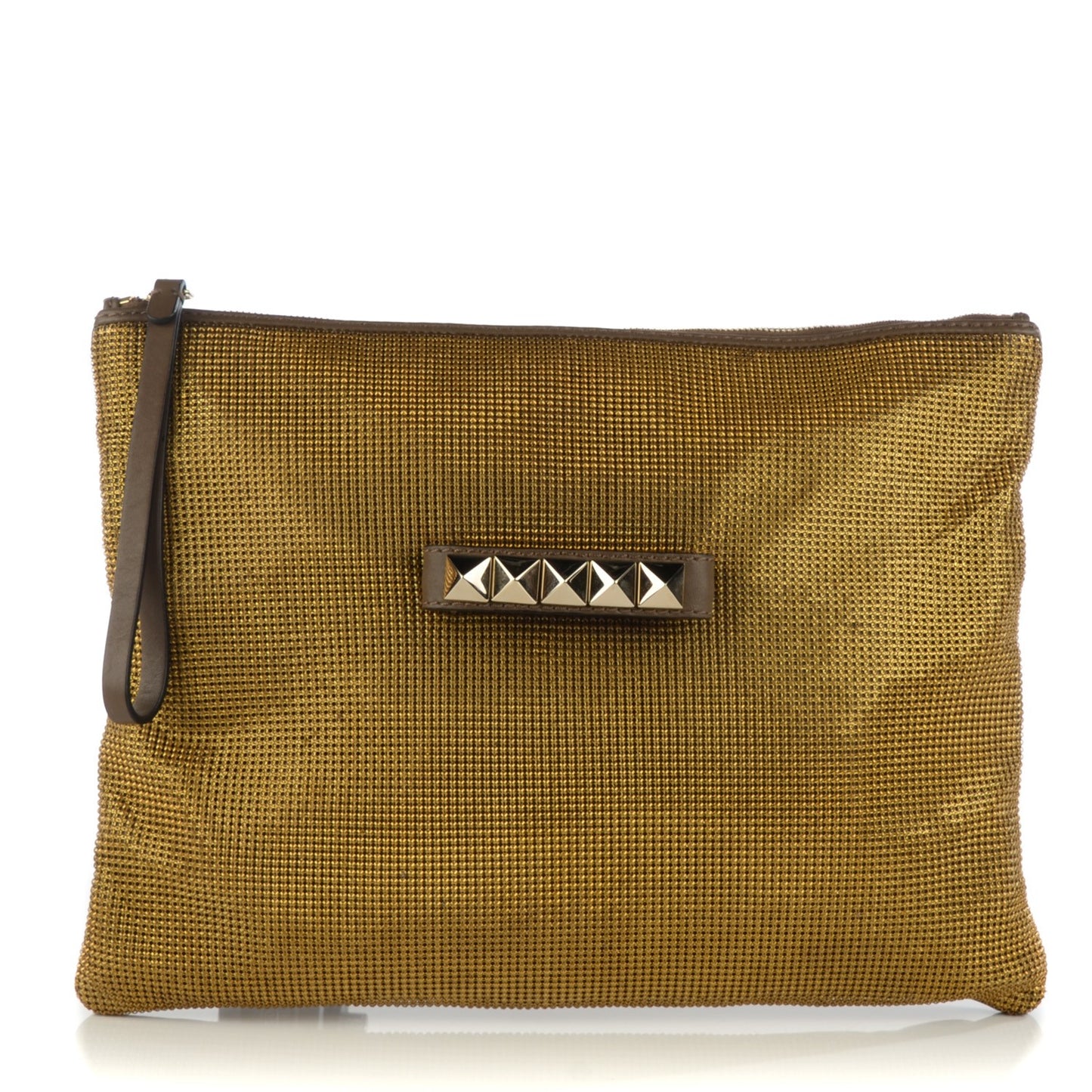 Metallic Mesh Vitello Rockstud Clutch Gold Dark Brown