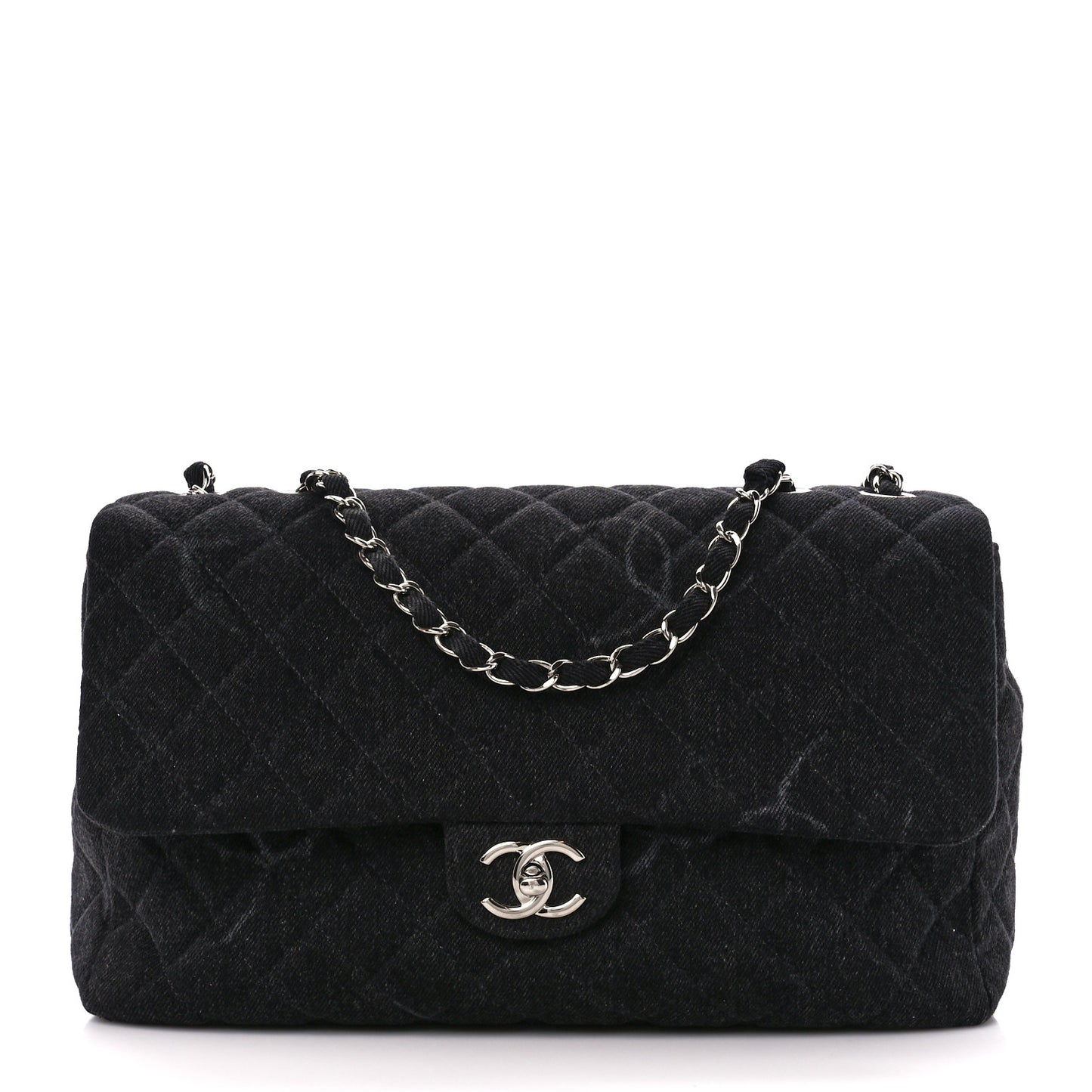 Denim Quilted CC Print Jumbo Single Flap Black