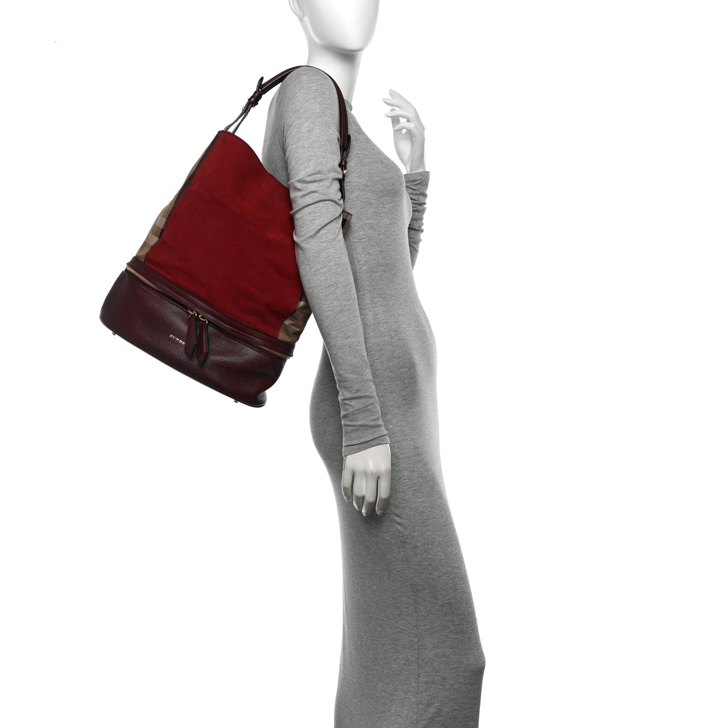 Burberry Nubuck Canvas Check Beckett Bucket Bag Deep Claret 2 of 14