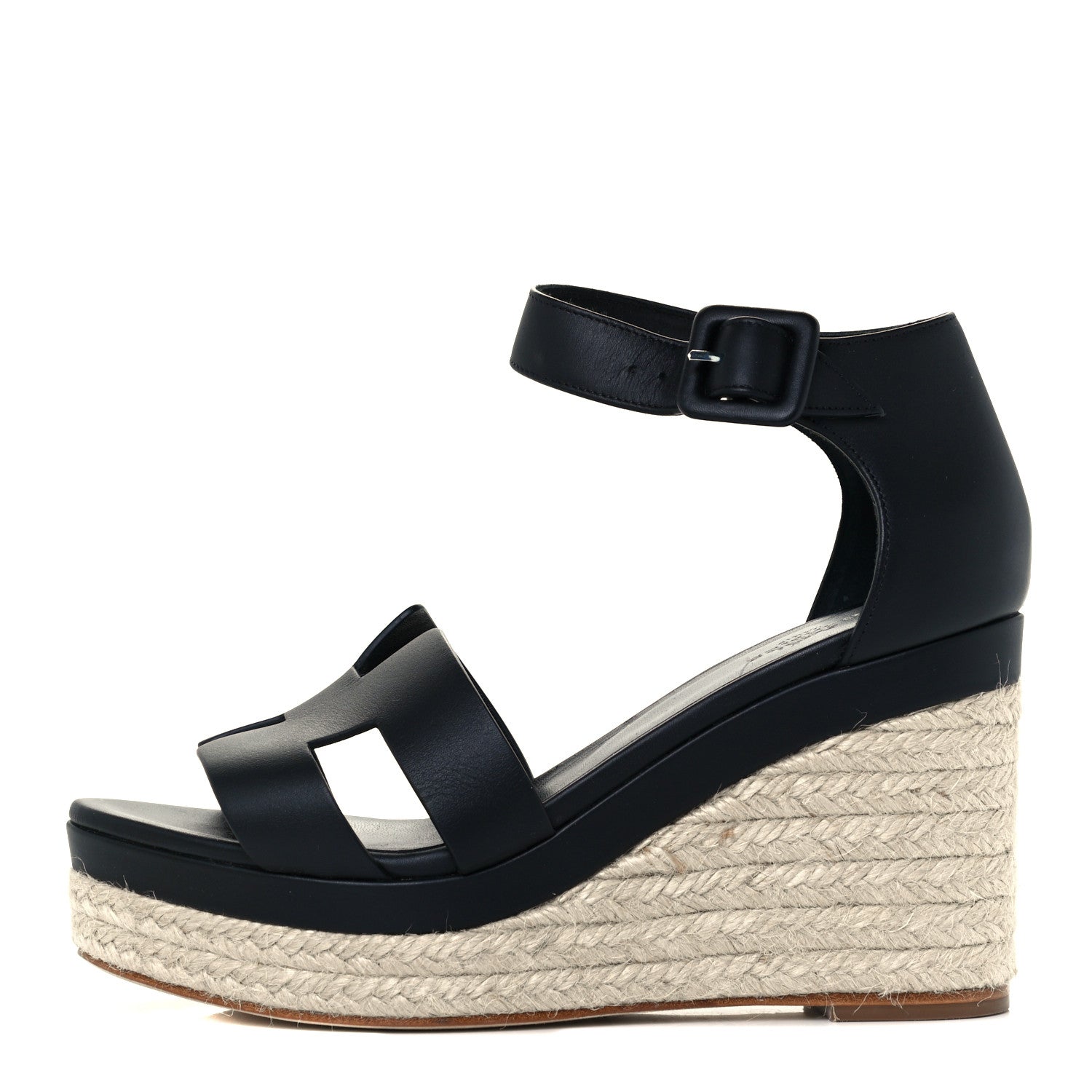 Hermes Calfskin Doll 60 Espadrille Wedge Sandals 37 Black 1 of 10