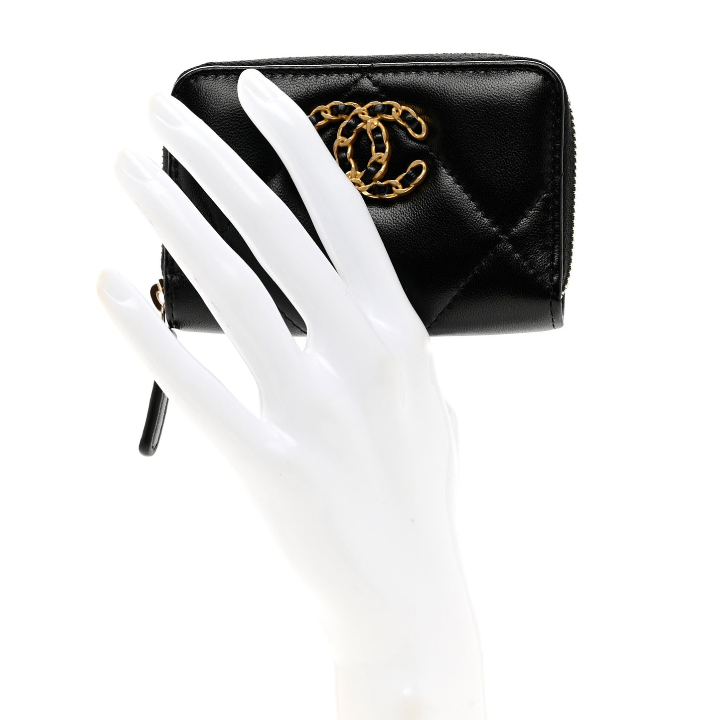 Lambskin Quilted Chanel 19 Zip Around Coin Purse Wallet Black