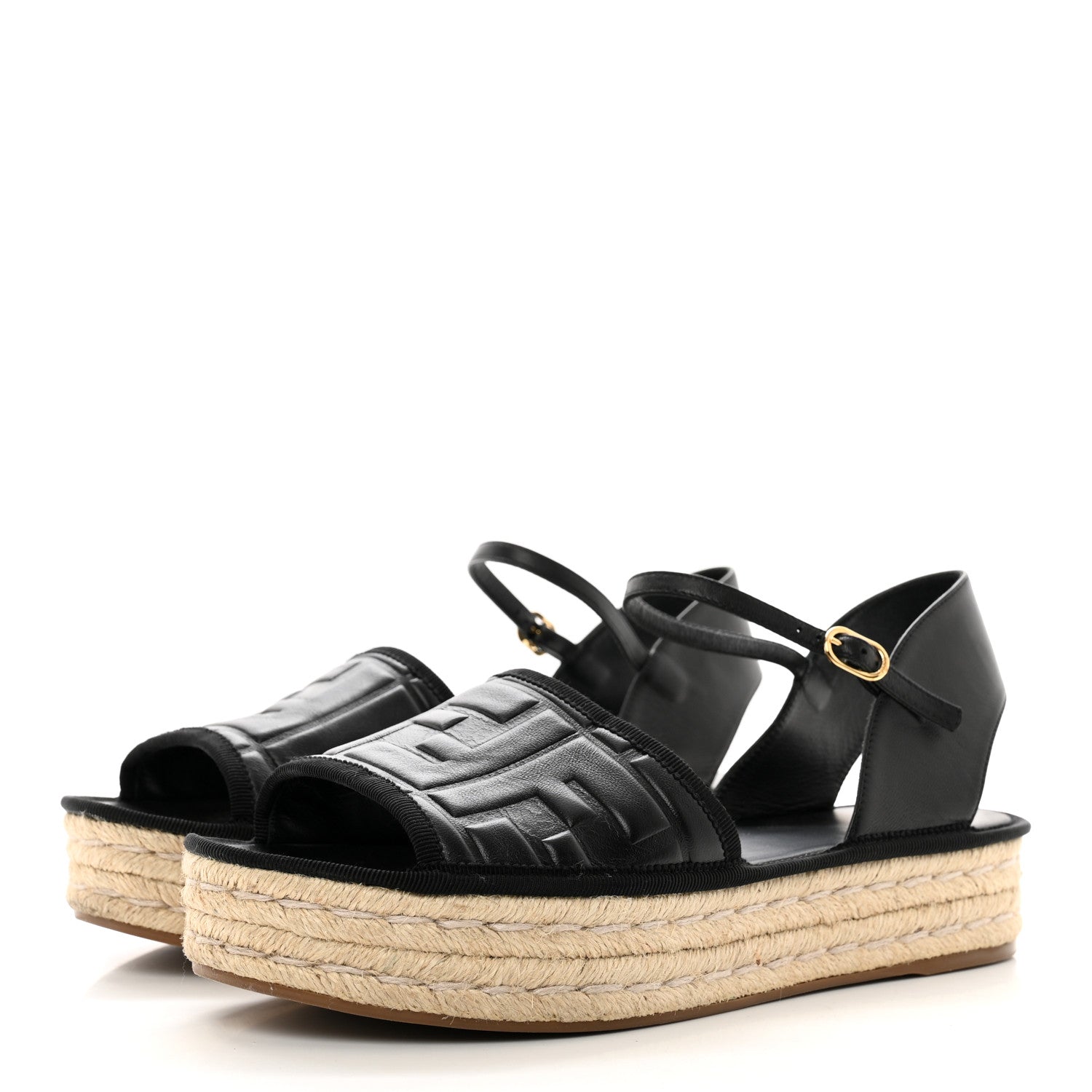 Fendi Nappa FF Embossed Espadrille Platform Sandals 39 Black 3 of 9