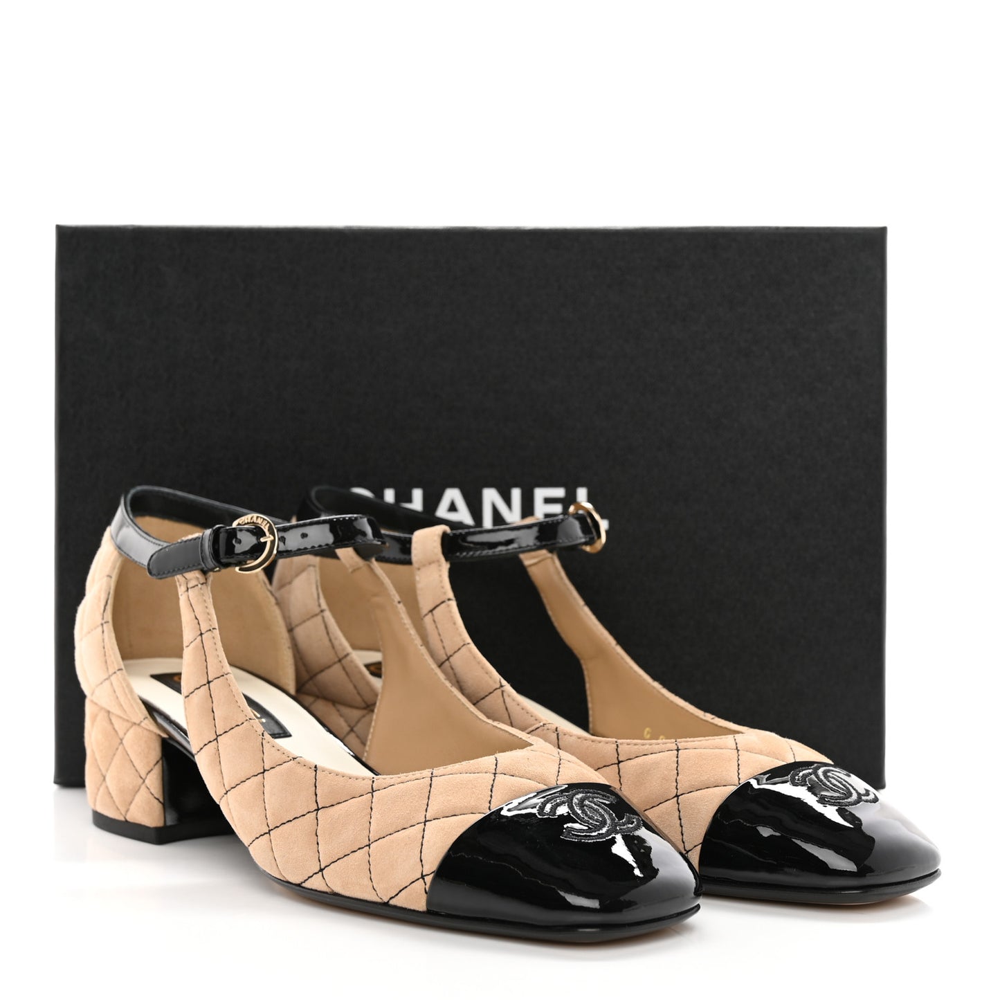 Suede Kidskin Patent Cap Toe Quilted Mary Jane Flats 39.5 Beige Black