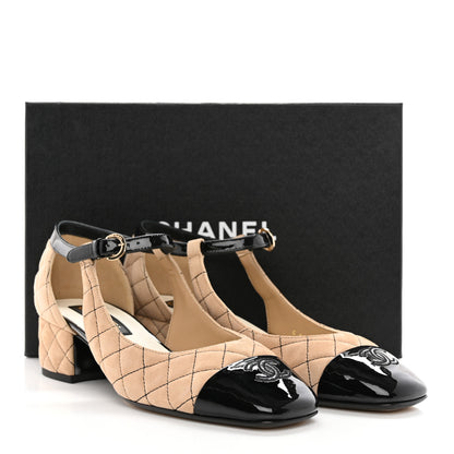 Chanel Suede Kidskin Patent Cap Toe Quilted Mary Jane Flats 39.5 Beige Black 9 of 9