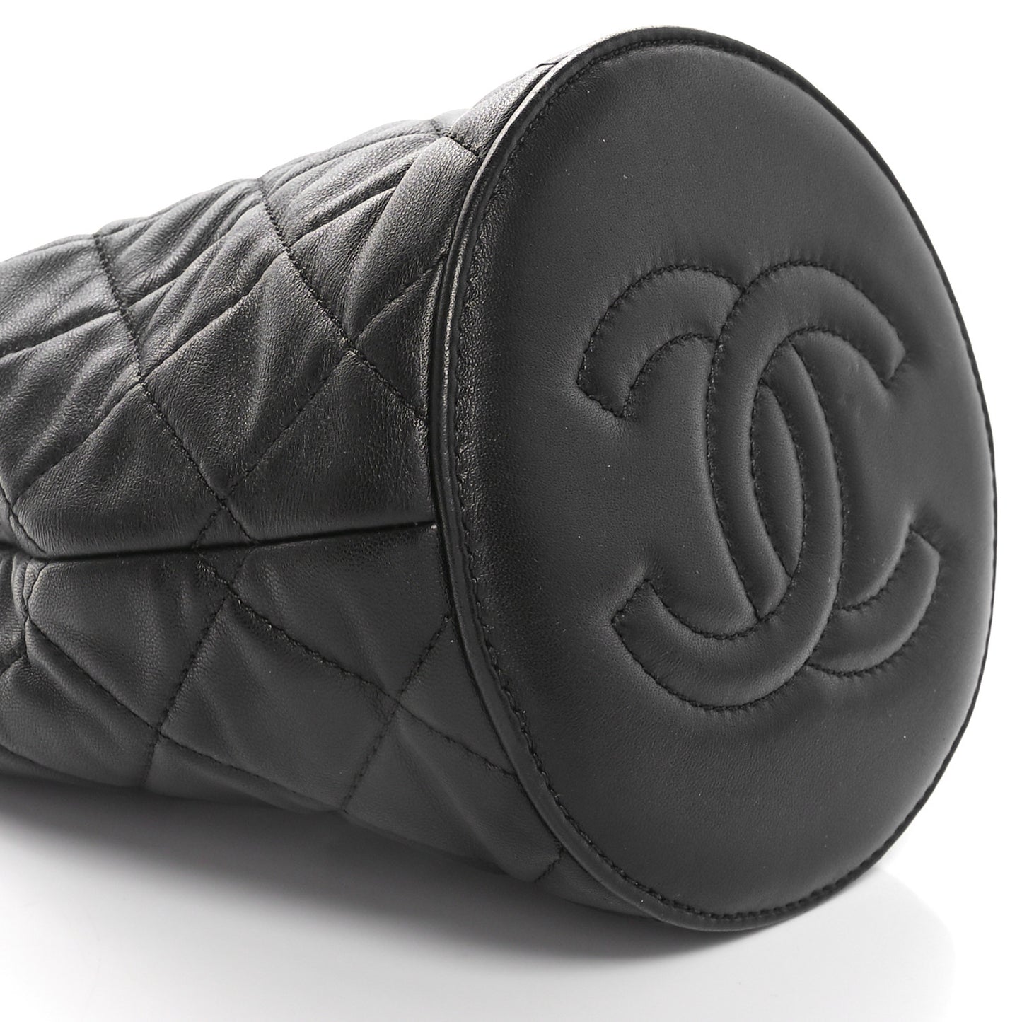 Lambskin Quilted CC Drawstring Bucket Bag Black