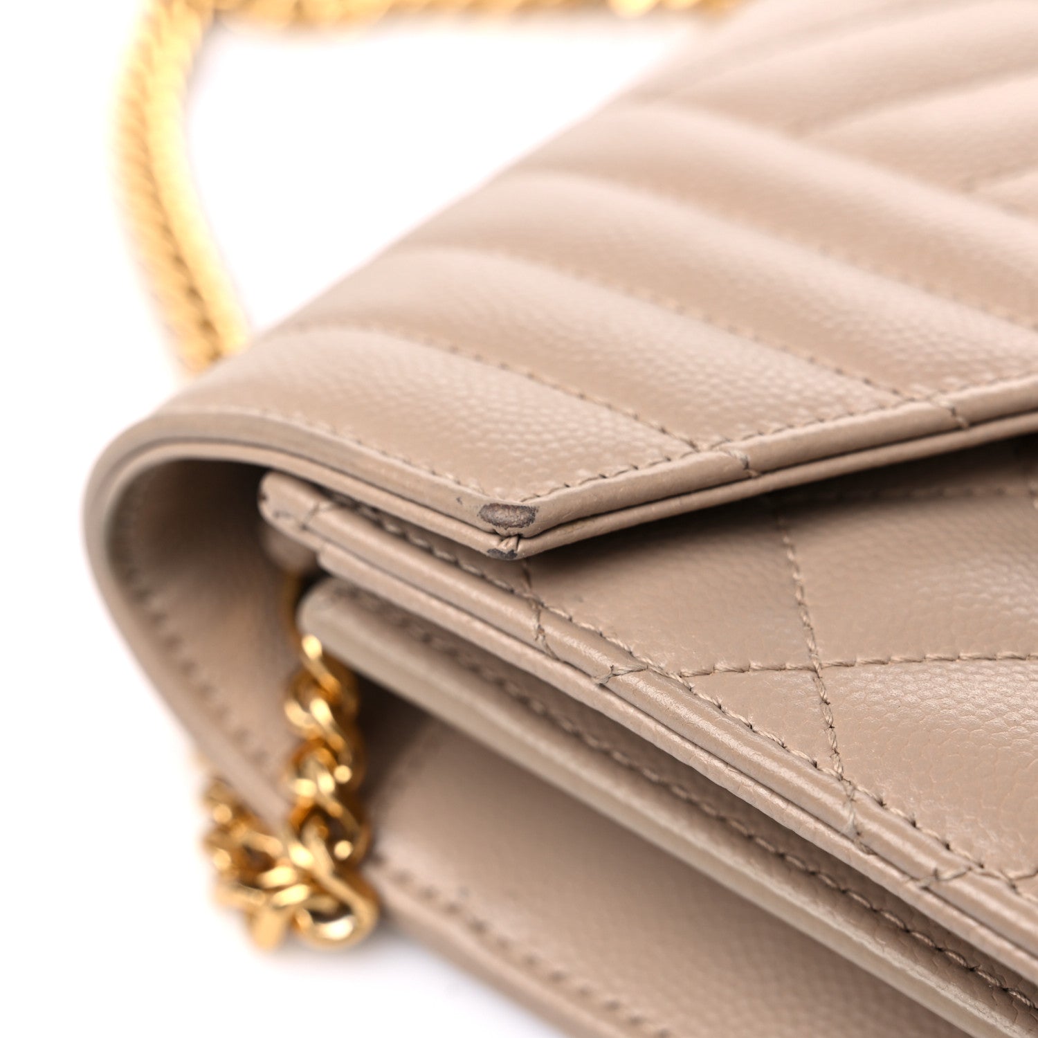 Saint Laurent Grain De Poudre Mixed Matelasse Triquilt Monogram Chain Wallet Dark Beige 14 of 16