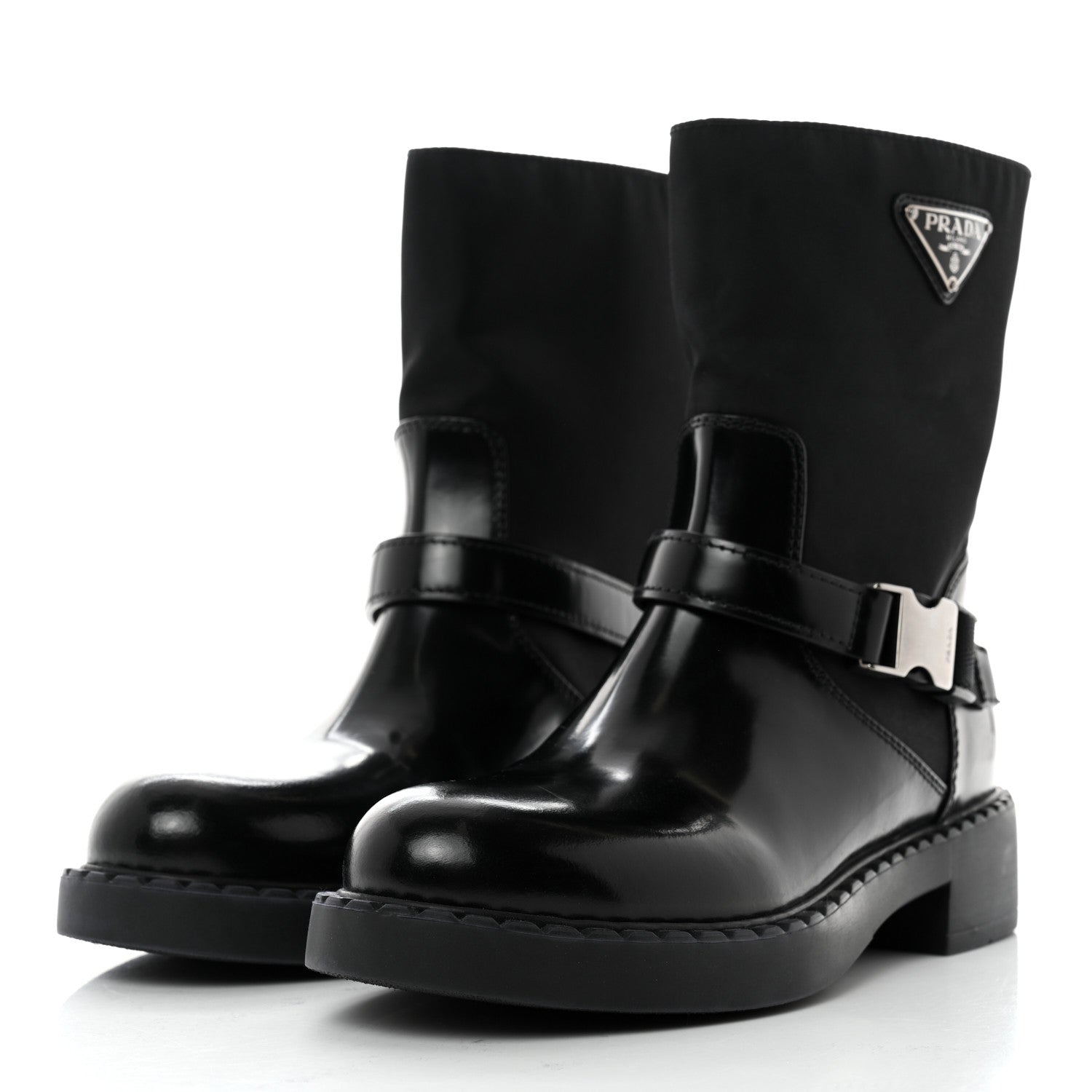 Prada Spazzolato Re-Nylon Metal Triangle Logo Buckled 50mm Biker Boots 39 Black 3 of 9