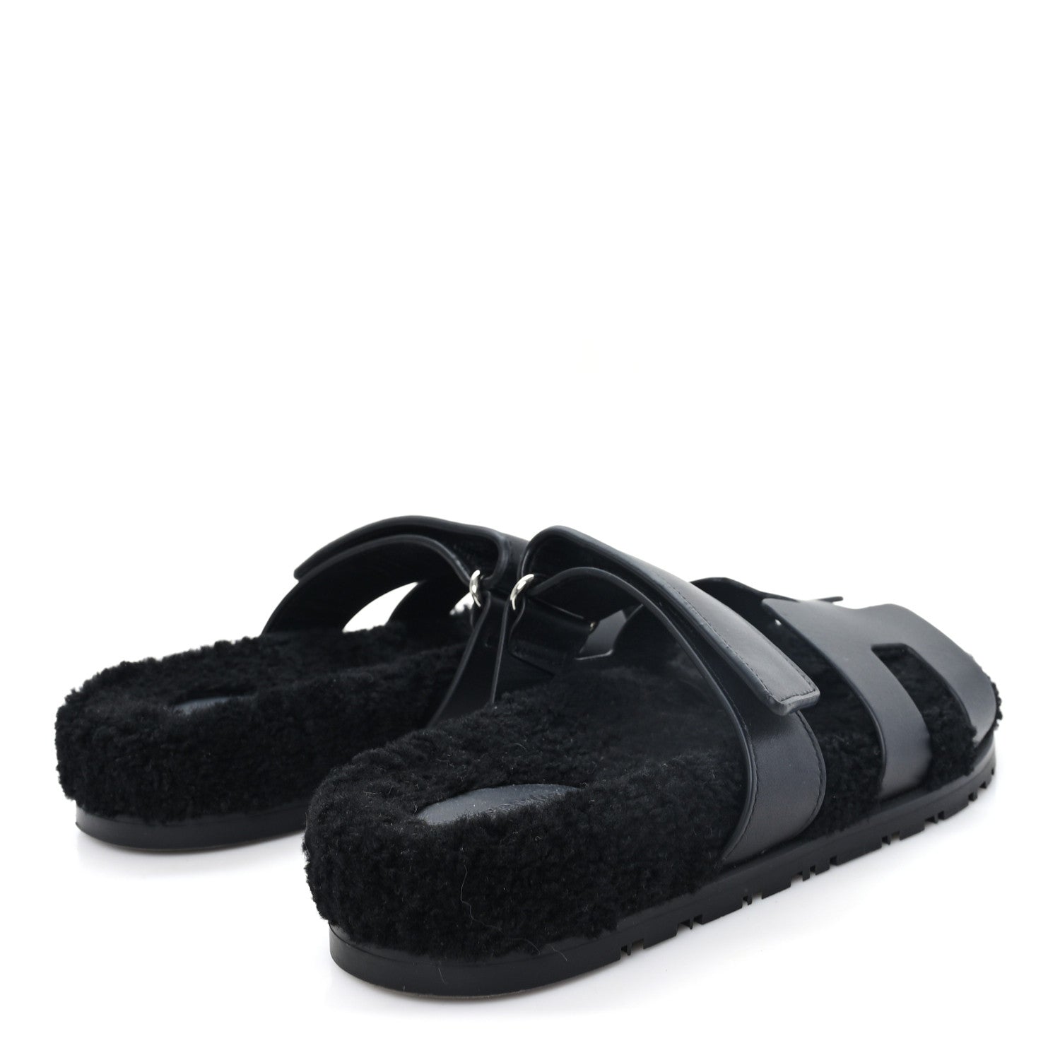 Hermes Calfskin Woolskin Womens Chypre Sandals 38 Black 5 of 10