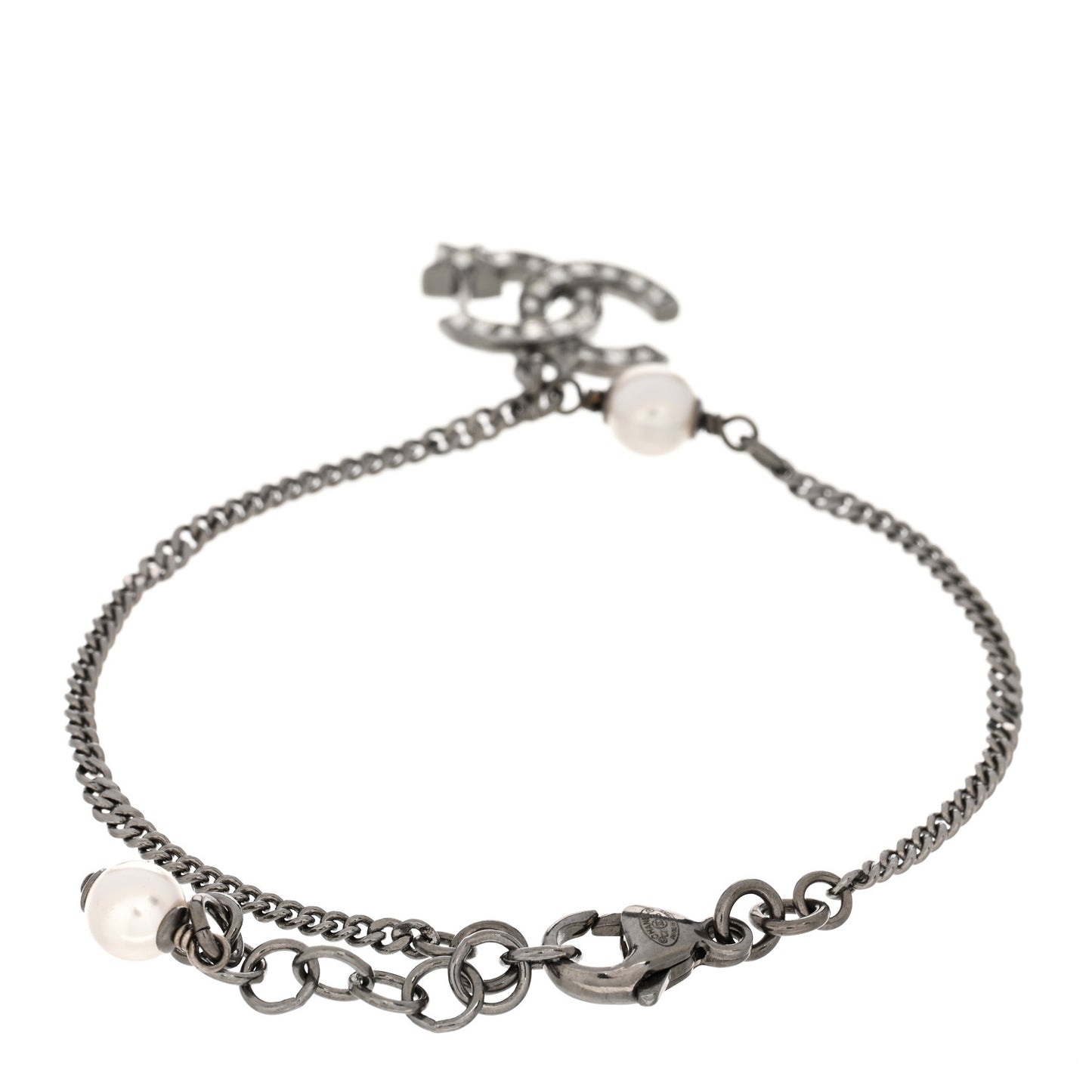 Metal Pearl Crystal Baguette CC Star Bracelet Silver
