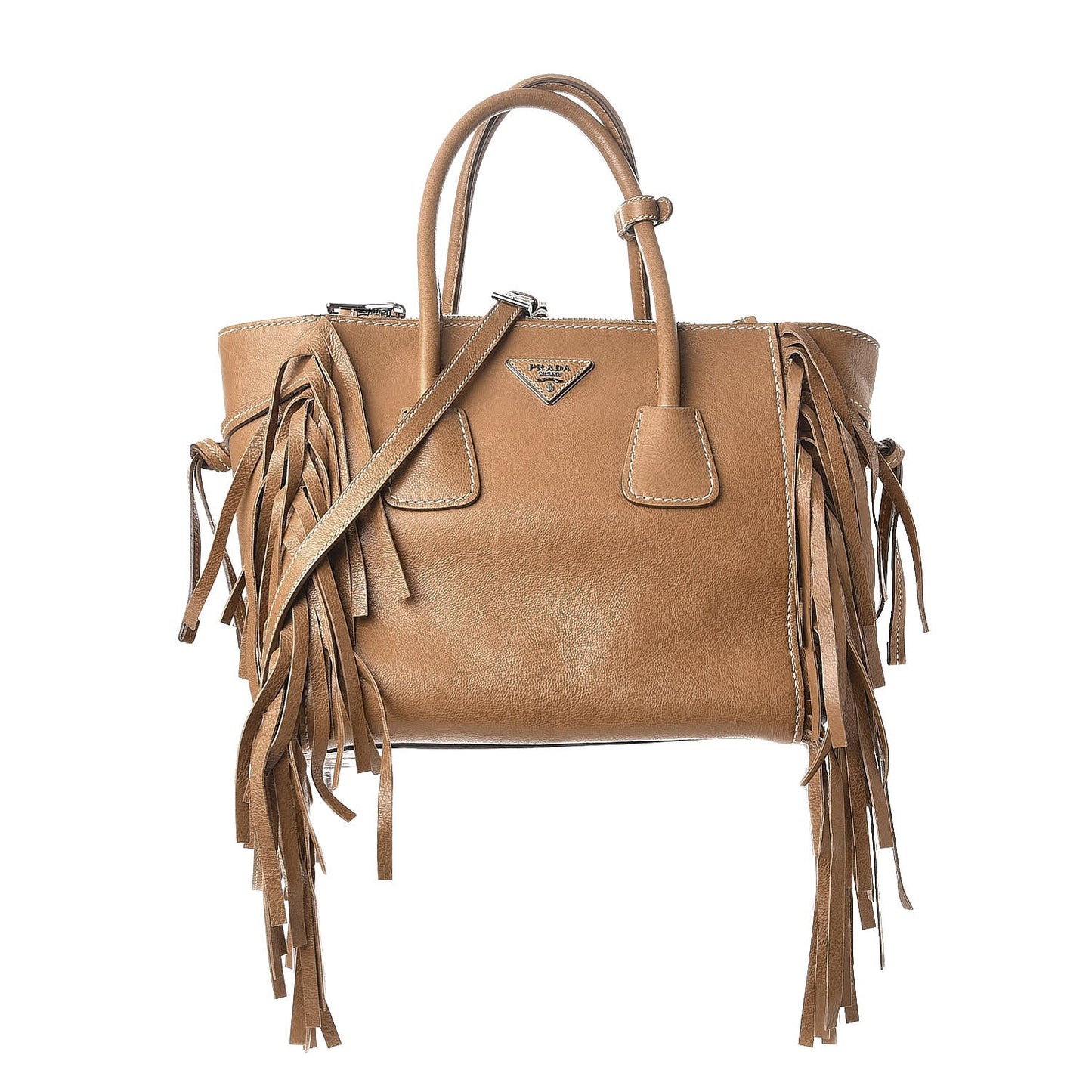 Glace Calf Twin Pocket Fringe Tote Caramel