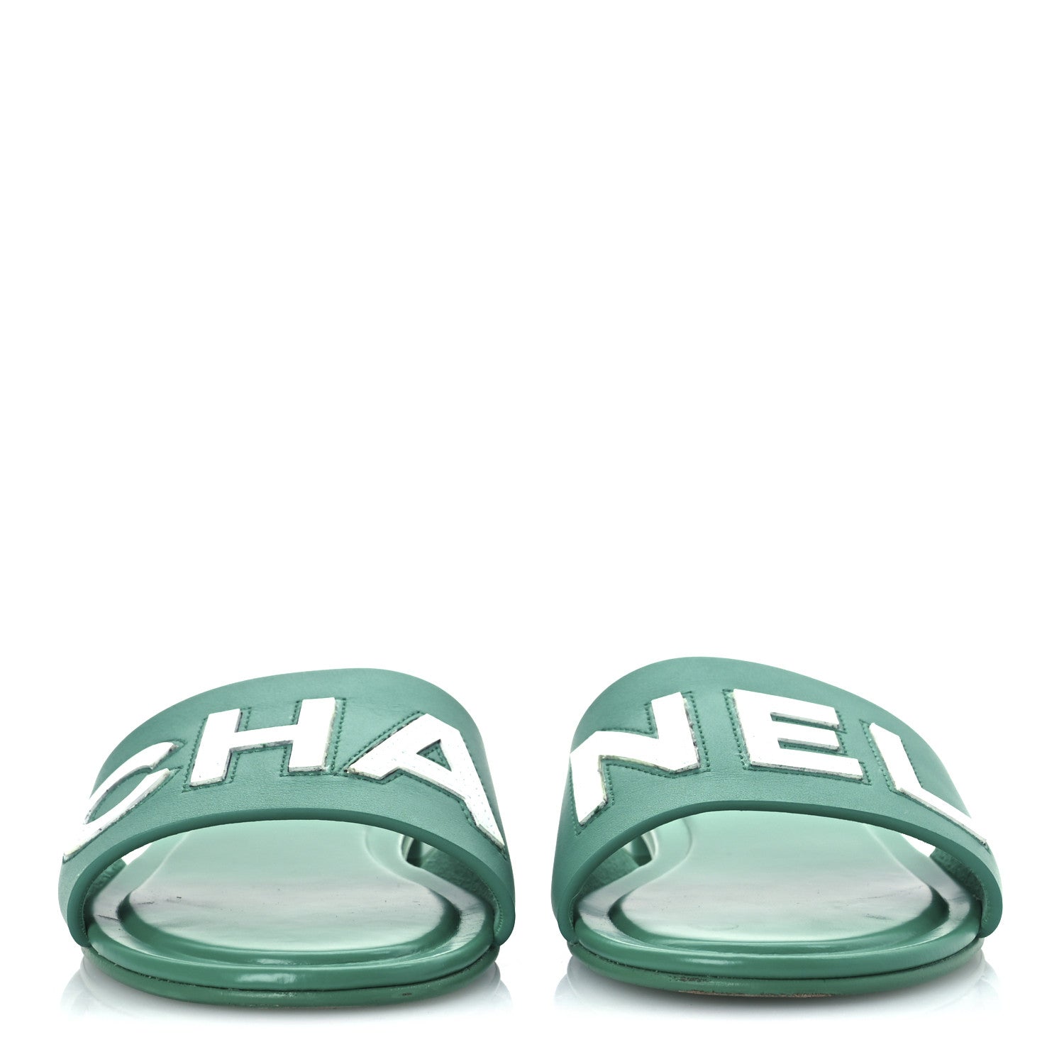 Chanel Calfskin Patent Calfskin Logo Mules 38 Green White 3 of 15