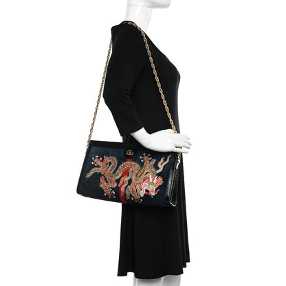 Gucci Suede Patent Web Dragon Embroidered Medium Ophidia Chain Shoulder Bag Blue Multicolor Black 2 of 10