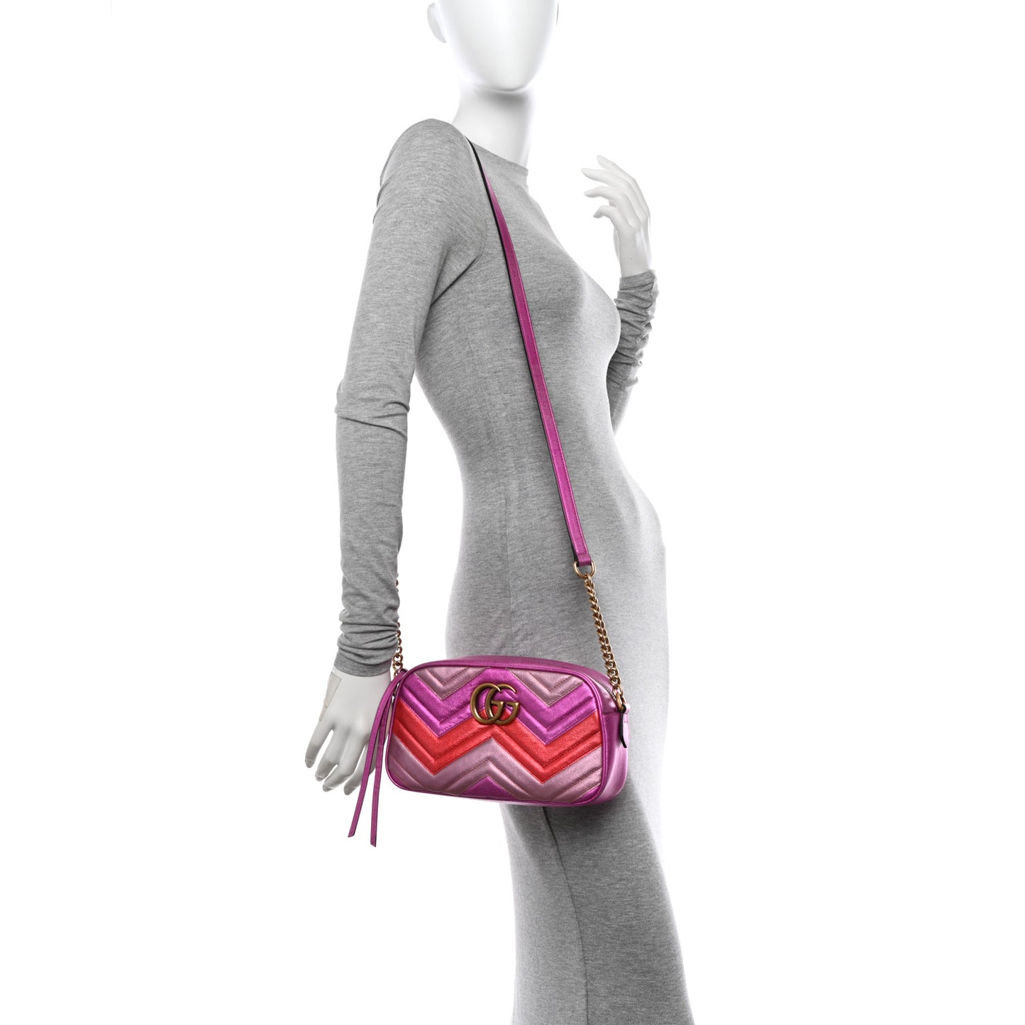 Laminated Nappa Matelasse Small GG Marmont Chain Shoulder Bag Fuxia Rosso Rosa