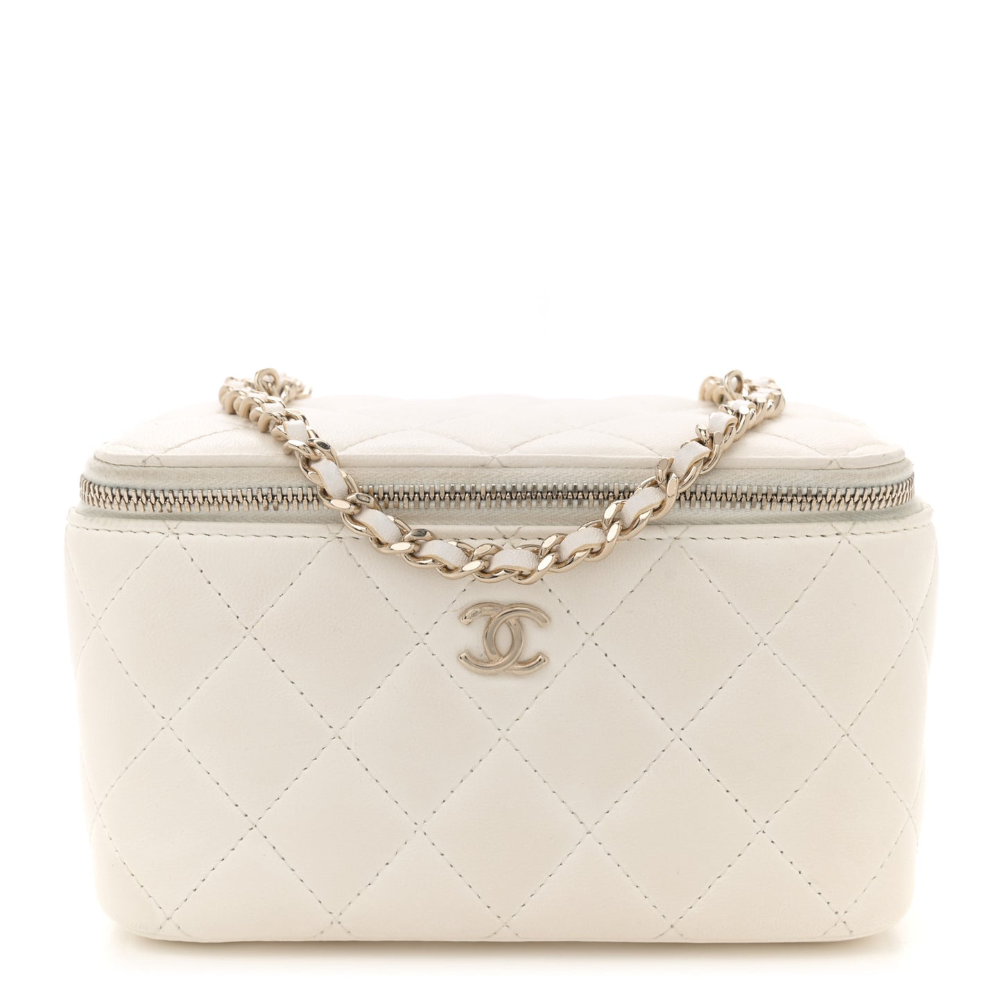 Lambskin Quilted Enamel CC Pearl Crush Small Vanity Case With Chain White
