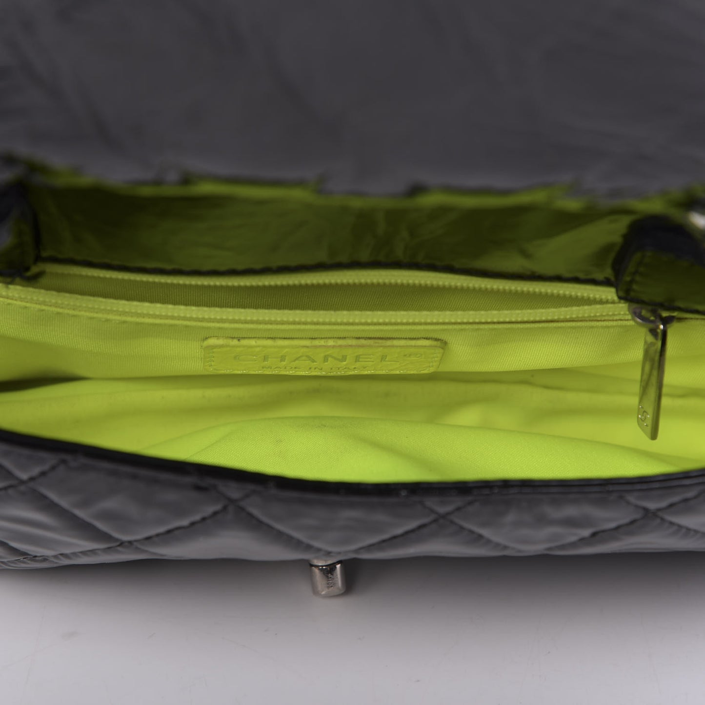 Patent Quilted Day Glo Flap Bag Black
