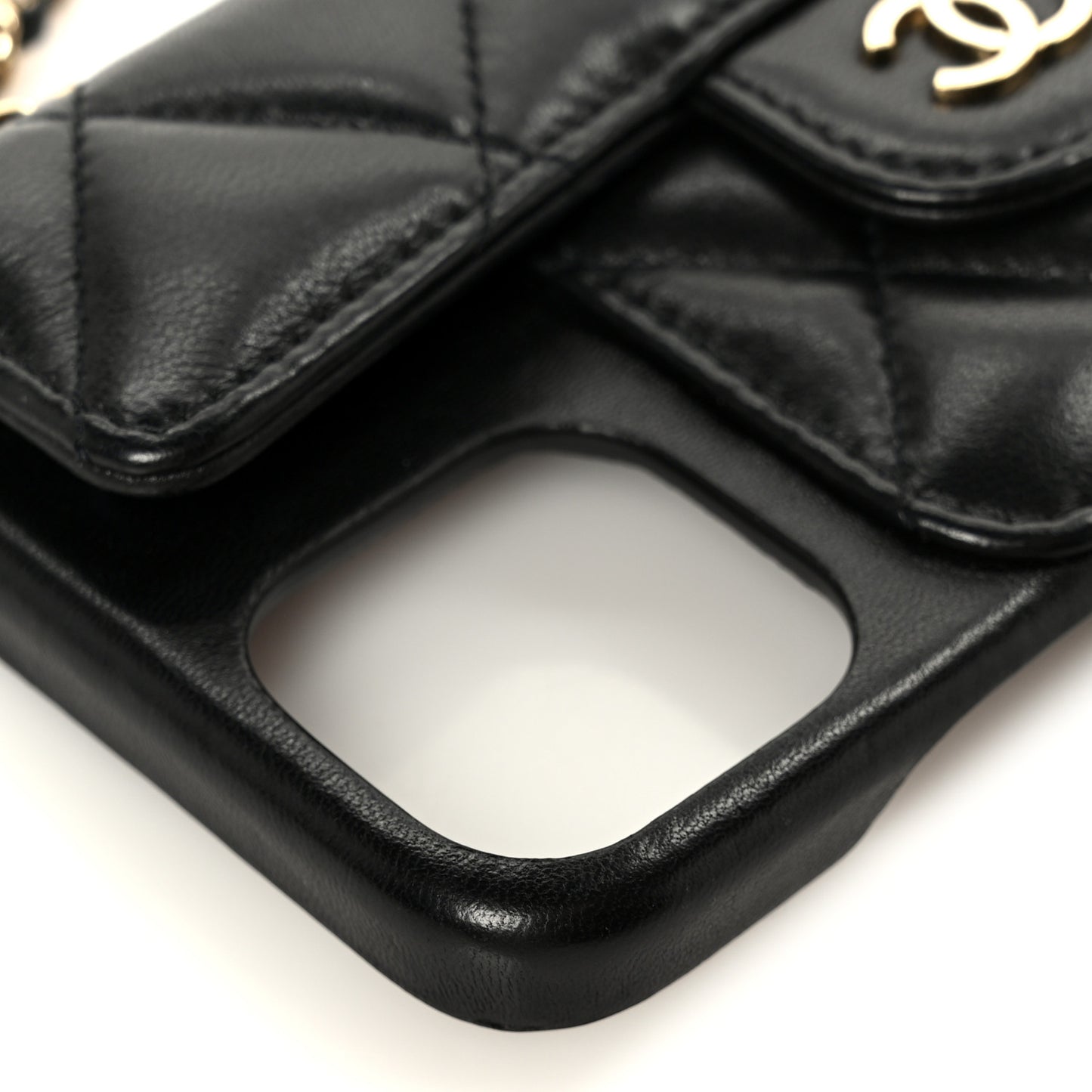 Lambskin Quilted Pearl Crush iPhone XII Pro Holder With Chain Black