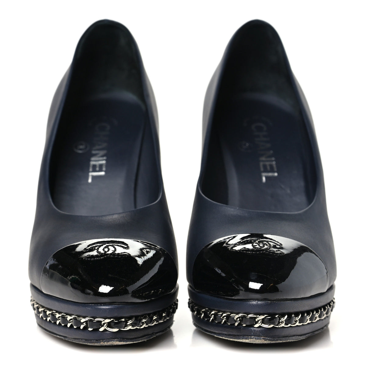 Chanel Calfskin Patent CC Cap Toe Platform Chain Pumps 38.5 Navy Black 3 of 9