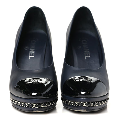Chanel Calfskin Patent CC Cap Toe Platform Chain Pumps 38.5 Navy Black 3 of 9