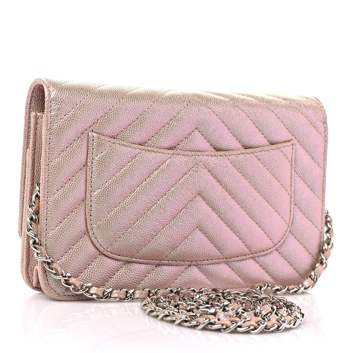 Chanel Metallic Caviar Chevron Quilted Wallet On Chain WOC Light Gold 3 of 10