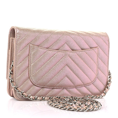 Chanel Metallic Caviar Chevron Quilted Wallet On Chain WOC Light Gold 3 of 10