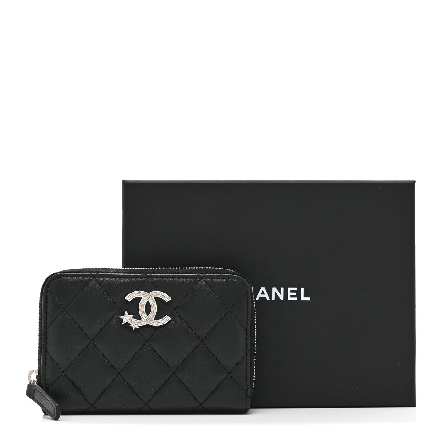 Lambskin Crystal Star Quilted Studded CC Zip Around Card Holder Wallet Black