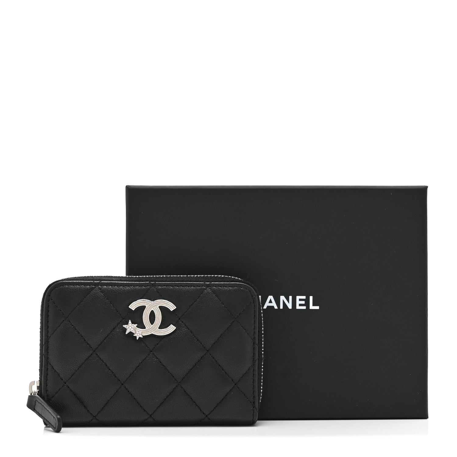 Chanel Lambskin Crystal Star Quilted Studded CC Zip Around Card Holder Wallet Black 10 of 10