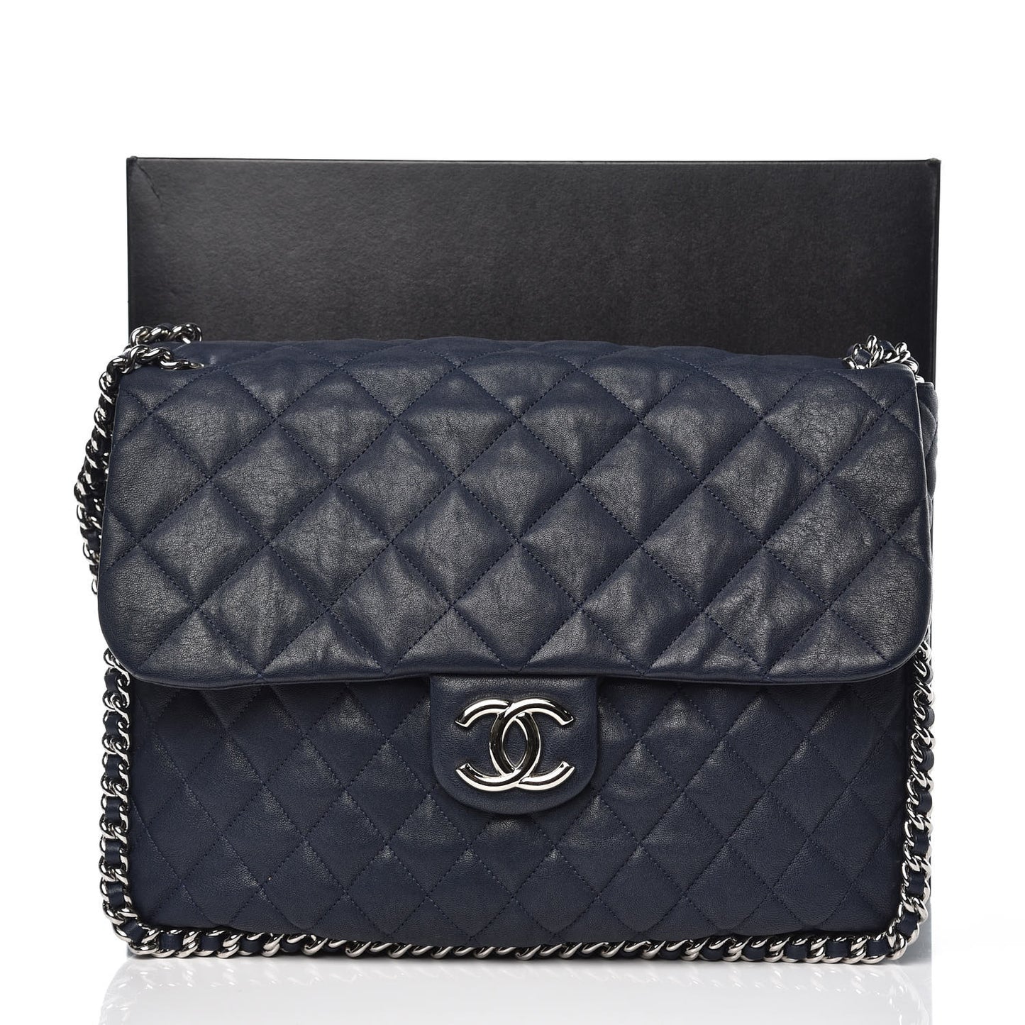 Washed Lambskin Quilted Chain Around Maxi Flap Dark Navy Blue