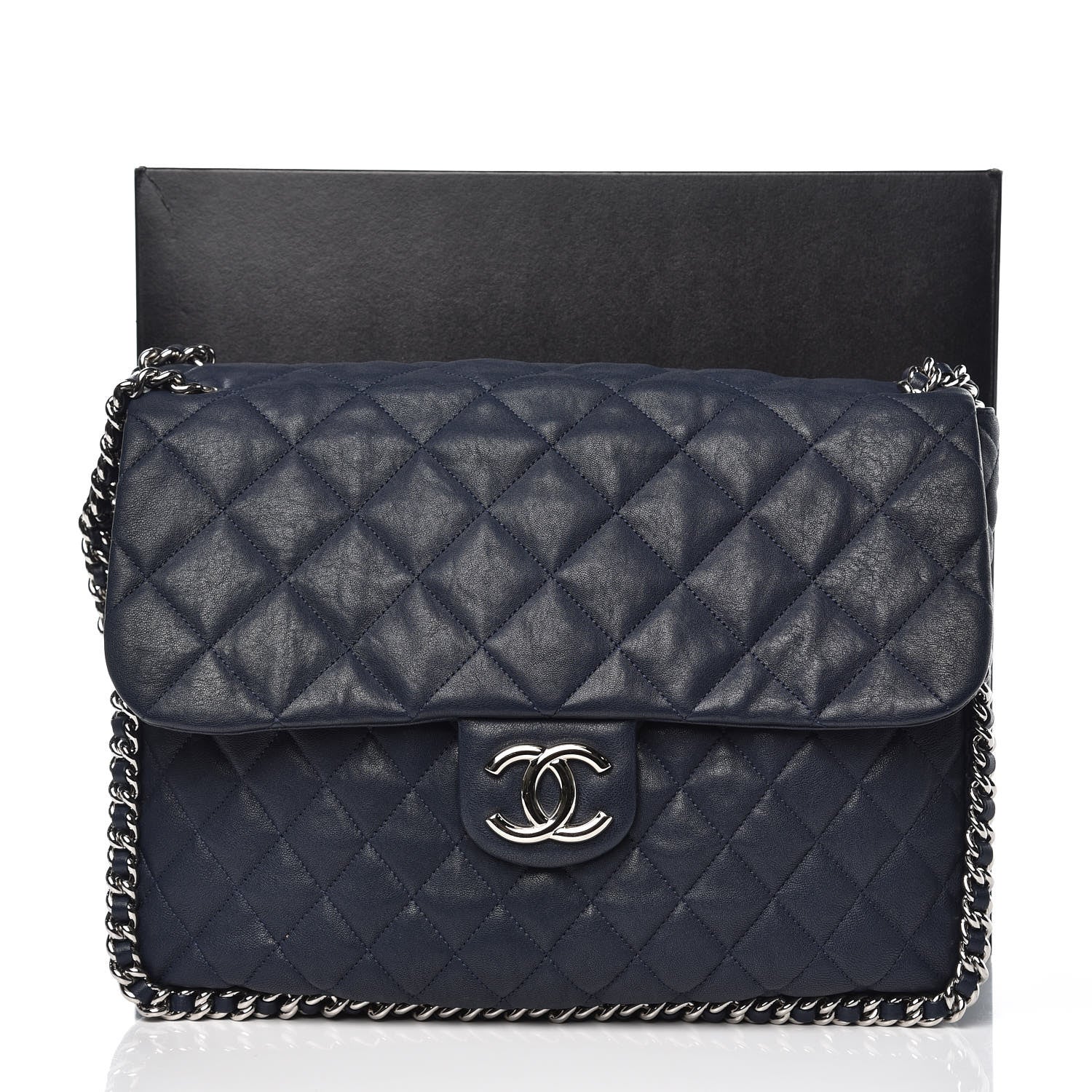 Chanel Washed Lambskin Quilted Chain Around Maxi Flap Dark Navy Blue 9 of 9