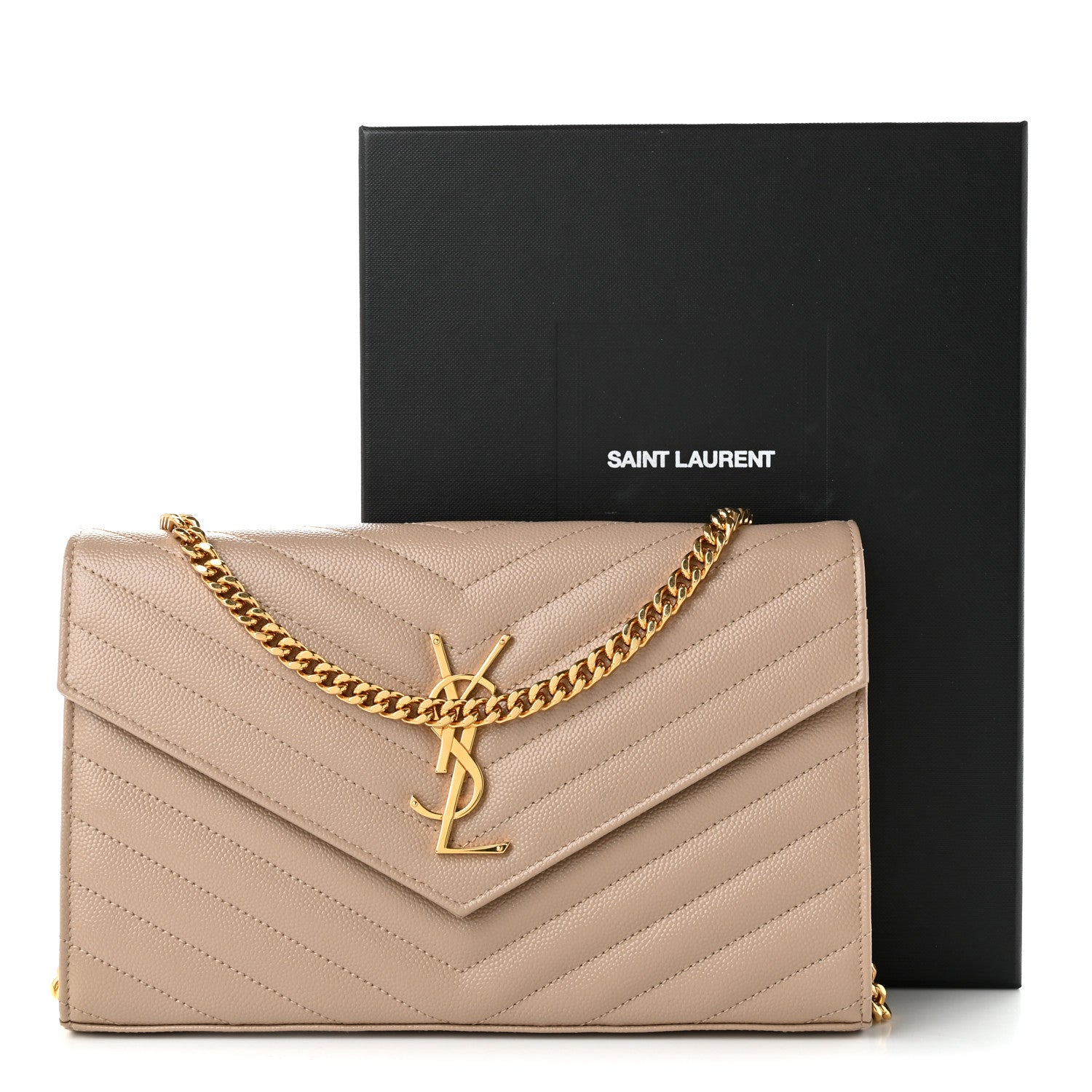 Saint Laurent Grain De Poudre Matelasse Chevron Monogram Chain Wallet Dark Beige 10 of 10