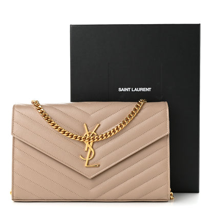 Saint Laurent Grain De Poudre Matelasse Chevron Monogram Chain Wallet Dark Beige 10 of 10